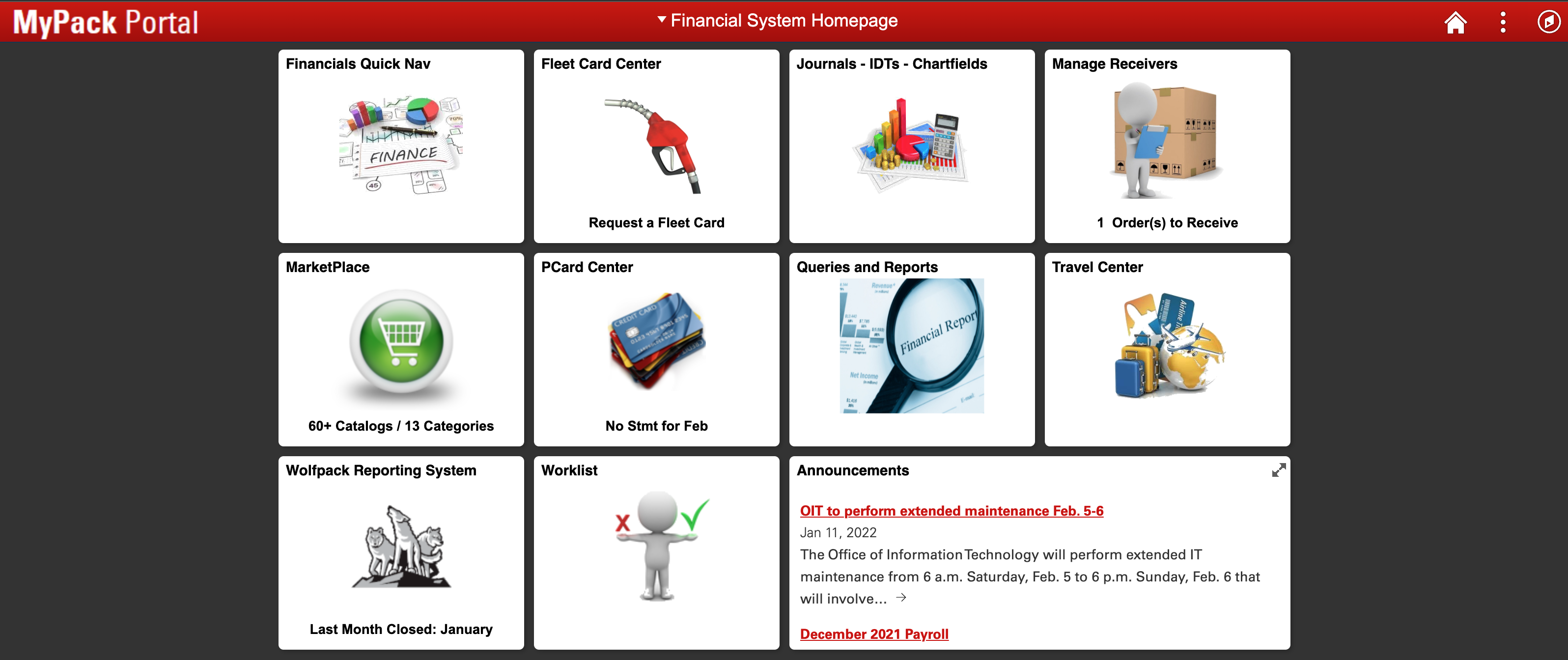 MyPackPortal Financial Systems Homepage