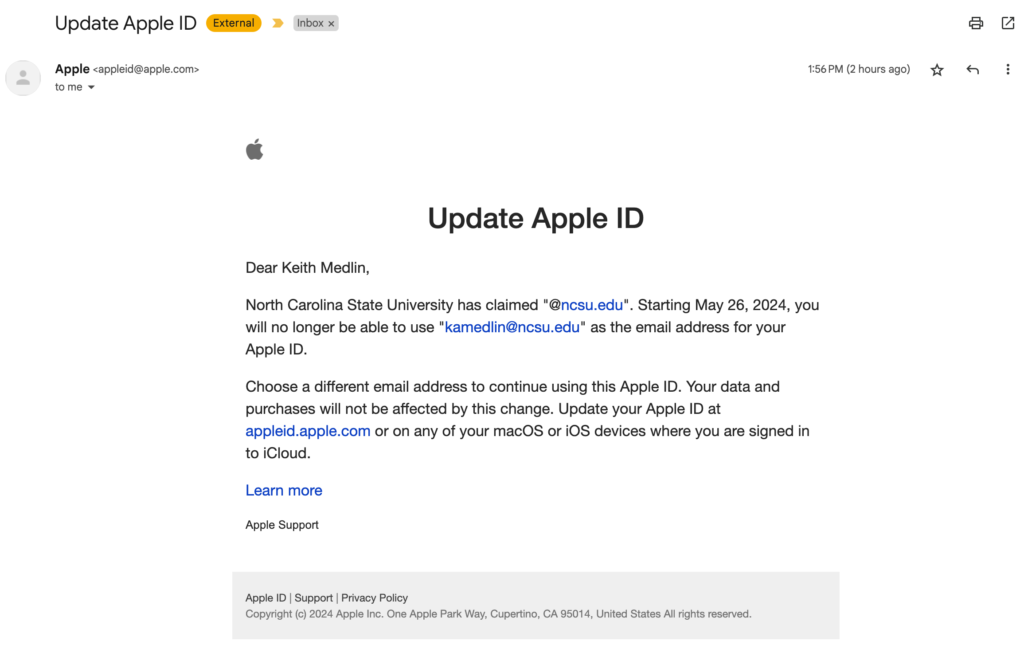 Screenshot of email from Apple.